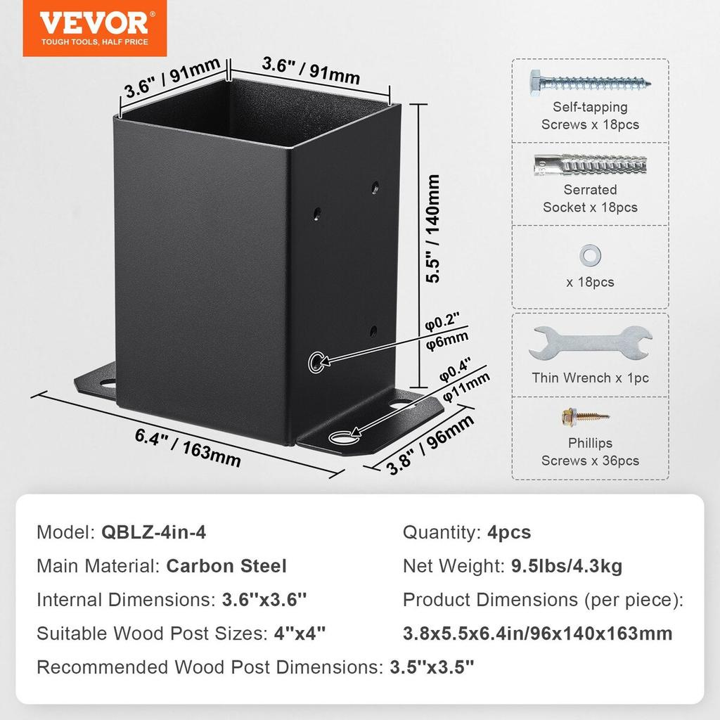 4x4 Post Base 4 Pcs, Inner Size 3.6x3.6 Post Base Brackets, Heavy Duty Powder-Coated Post Anchor Matte Black Wood Post Brackets for Pavilion Deck