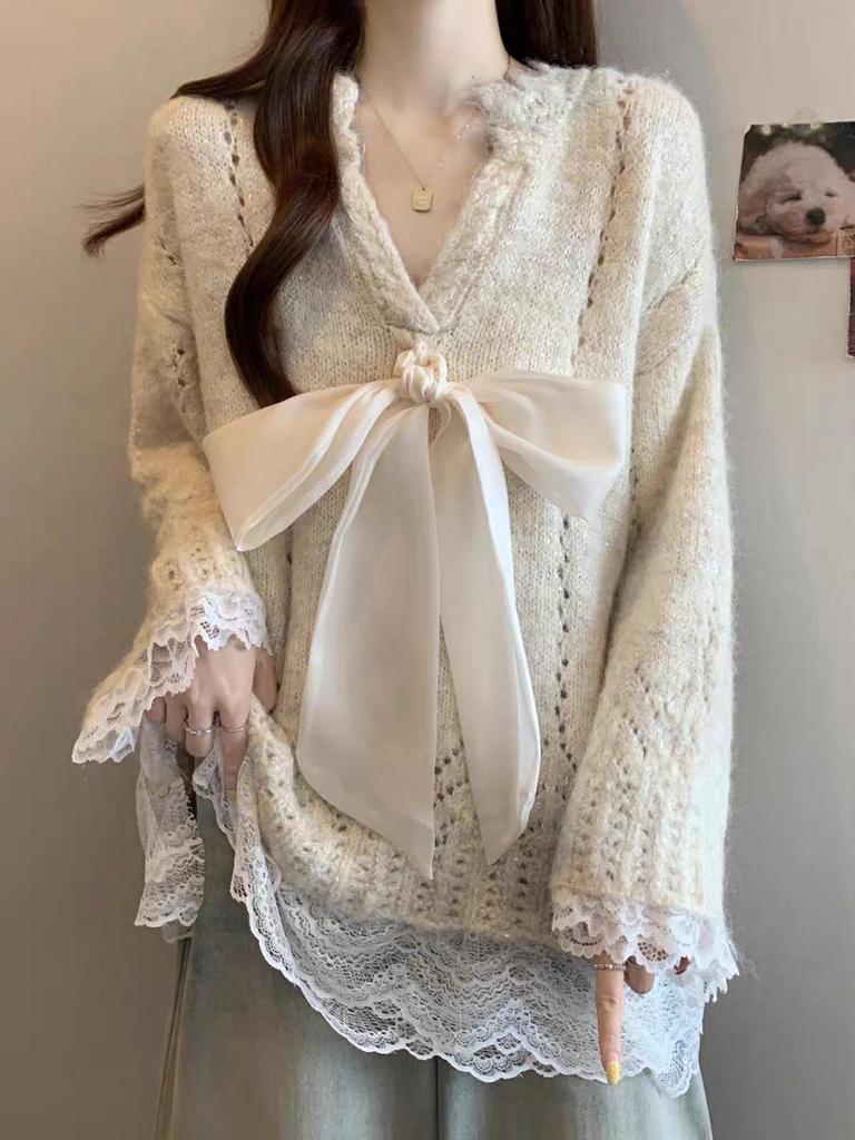 Korean Style Lace-up Bowknot Mesh Knit Sweater - Women's Trendy Autumn/Winter 2025