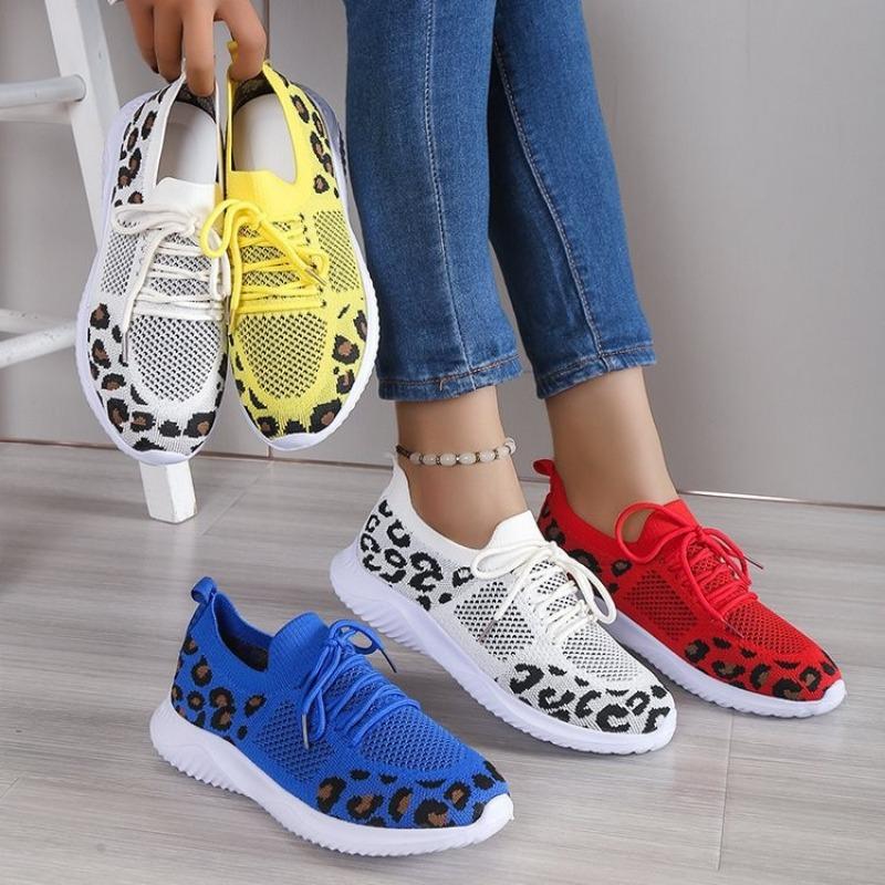 Flying Woven Women's Shoes Spring New Leopard Print Flying Woven Flat-bottomed Mesh Breathable Casual Sports Shoes Women