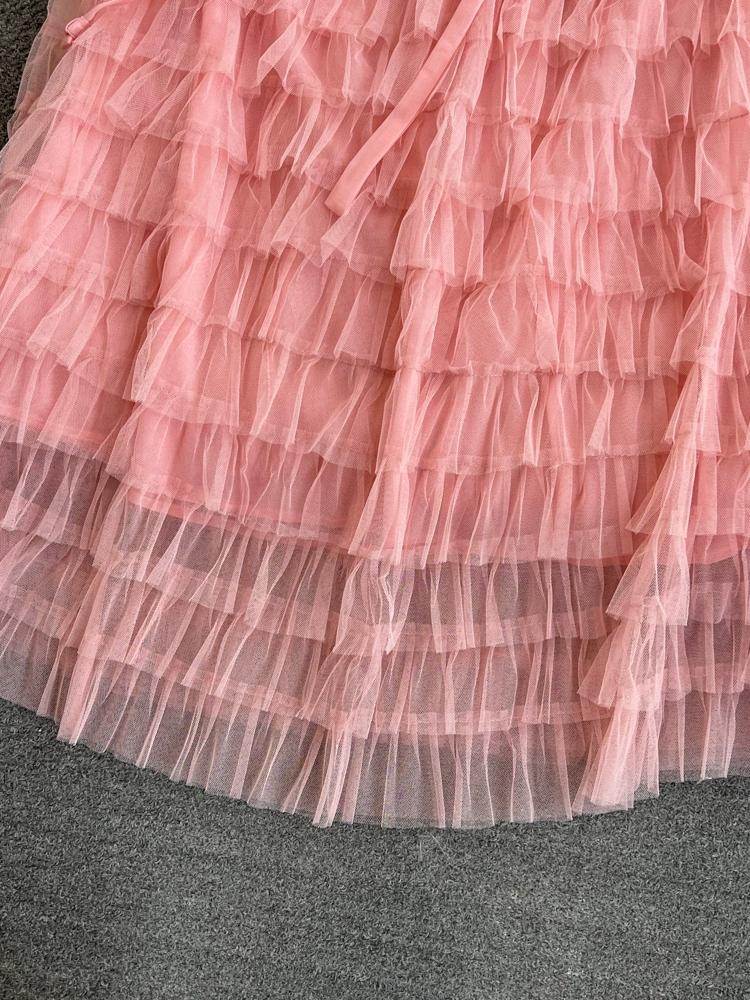 Summer Women Vintage Mesh Patchwork Cake Dresses Fashion Elastic Long Midi Party Dress