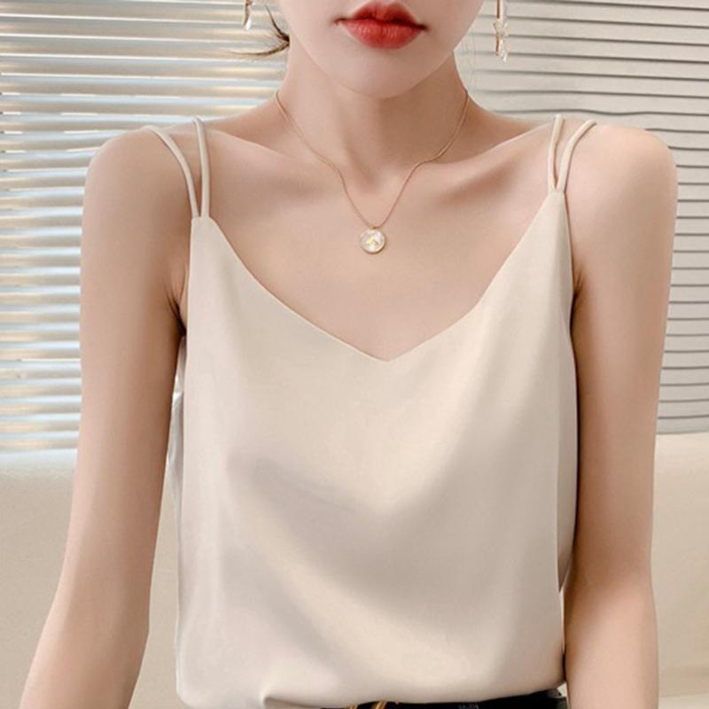 Camisola interior de seda con cuello en V delgada para mujer de primavera y verano