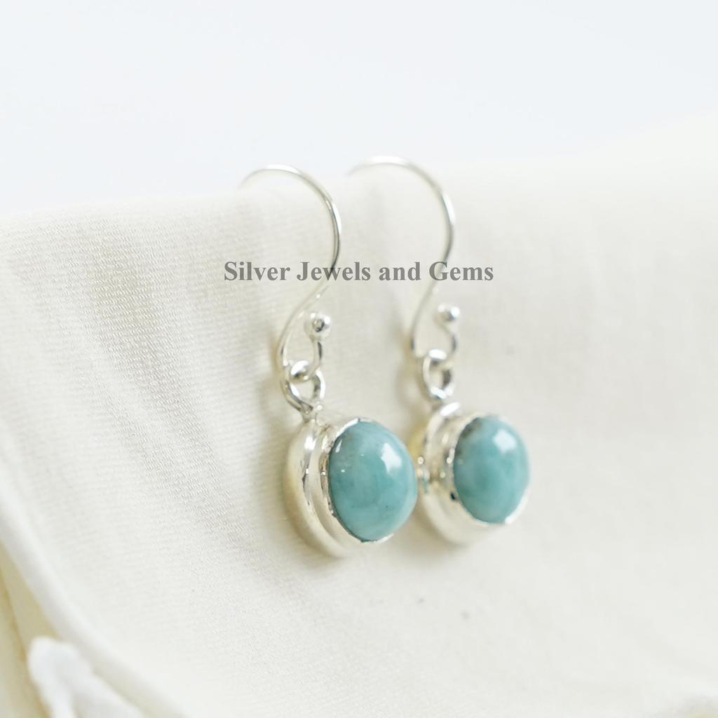 Handmade Round Larimar Earrings, 925 Sterling Silver, March Birthstone