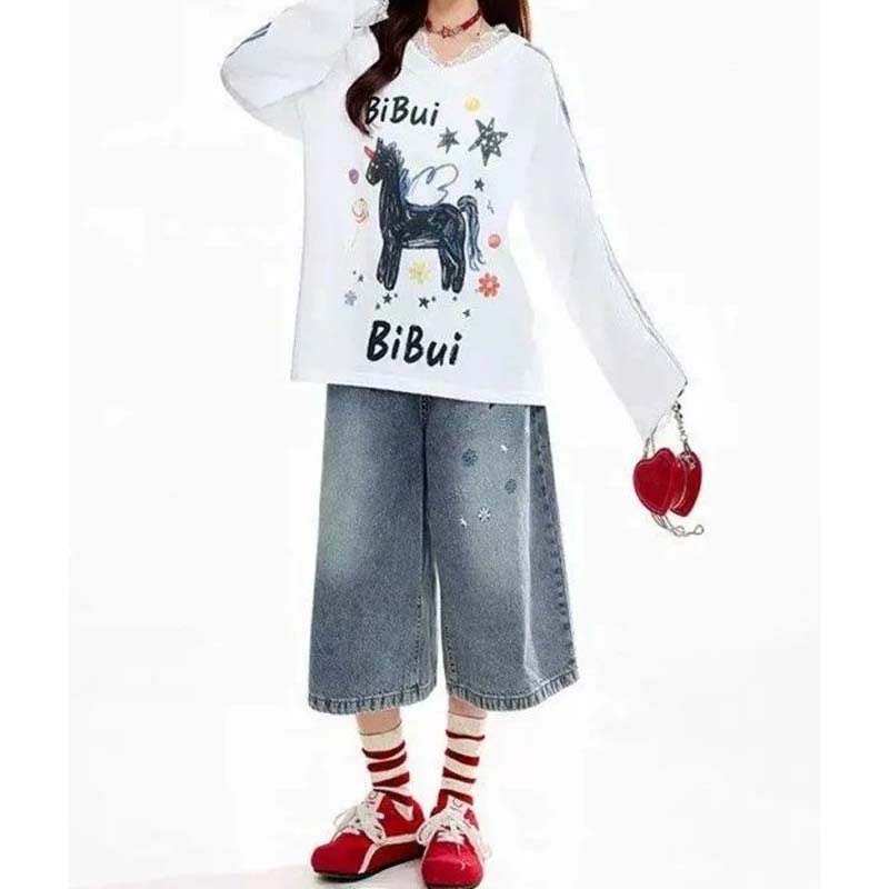 Women's Cropped Jeans Embroidered Loose Straight Wide Leg Shorts Pants Summer Clothing Y2k