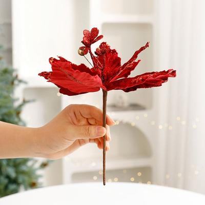 Flower Head Artificial Christmas Flowers Handmade Multi-color Simulated Christmas Flower DIY Glitter Xmas Tree Ornaments