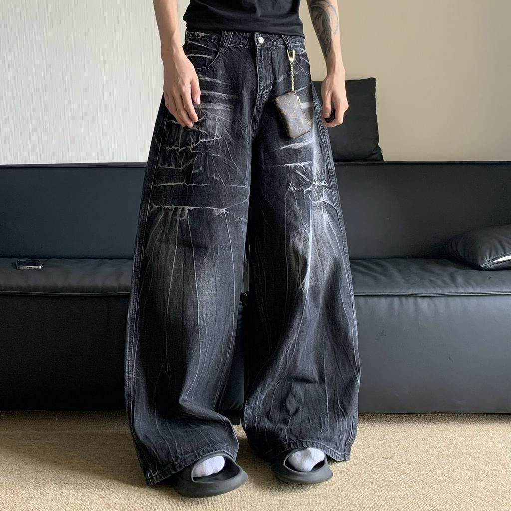 American retro cleanfit washed old jeans men's niche lightning pattern vibe loose wide leg long pants