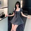 Pure Desire Miu Gray Polka Dot Waist Square Neck Lace-up Dress Women's Summer Korean Version of Thin Temperament A-word Short Skirt