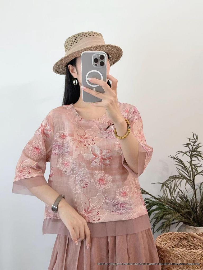 Women's Retro Linen Embroidered Frog Button Short Sleeve Slim Shirt