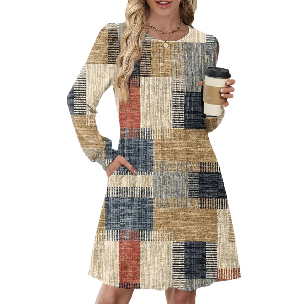 Women's Long Sleeve Pleated Round Neck Plaid Stripe Print Casual Dress With Pockets