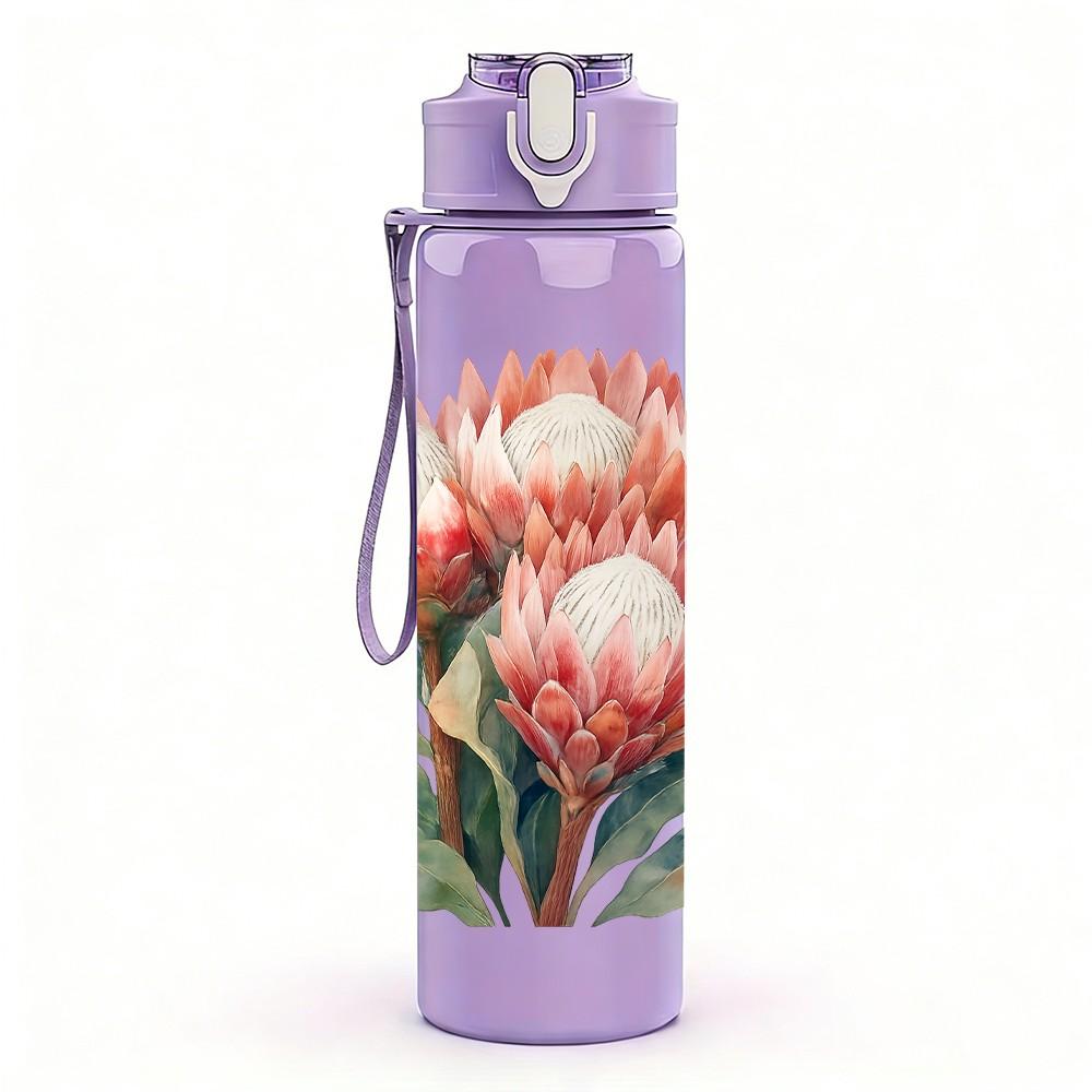 1PC Pink Protea Wild Flower Bloom 750ml Color Plastic Sports Water Bottle Leakproof Flip Straw Lid For Sports Office Home Use