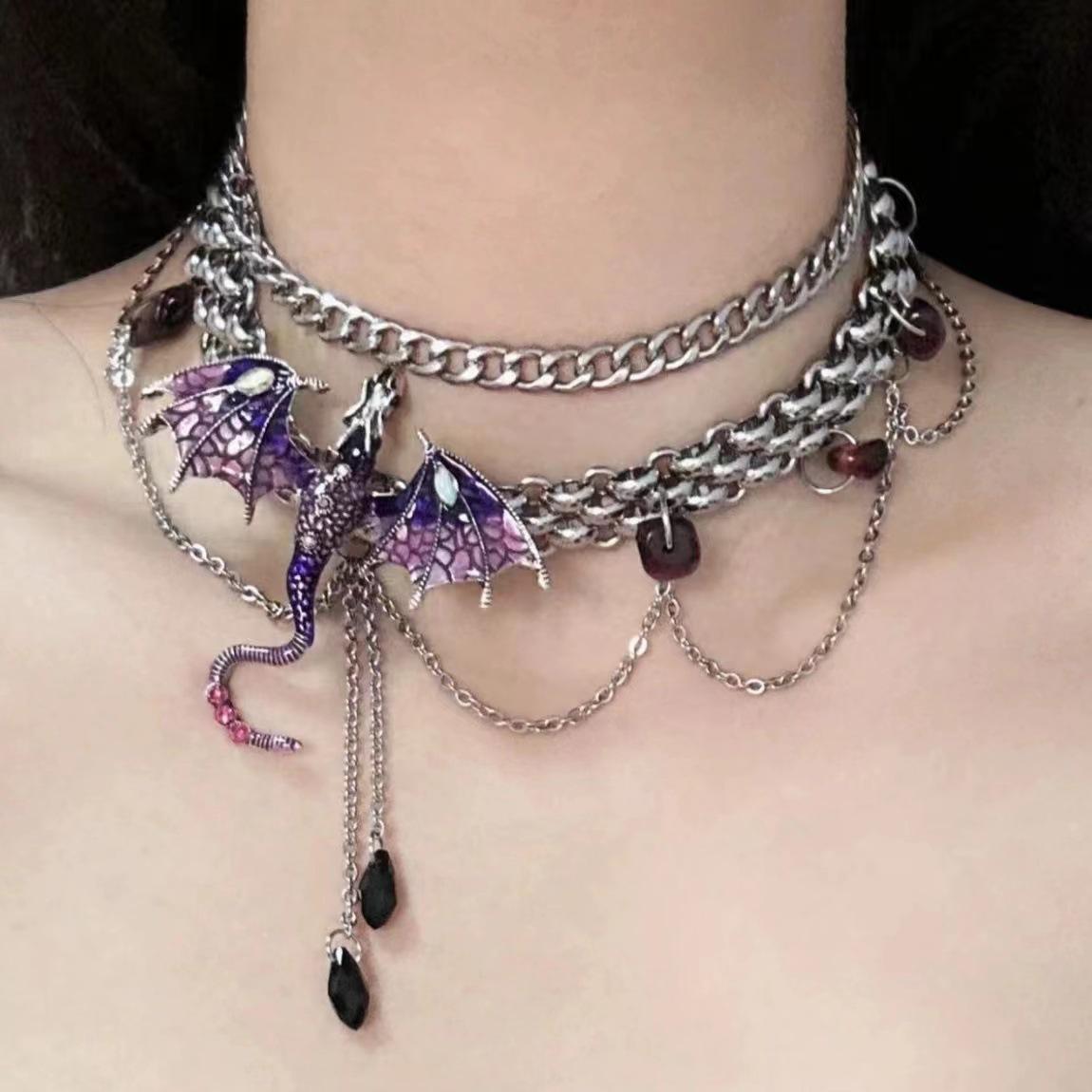 

Goth Purple Flying Dragon Choker Necklace For Women Crystal Multilayer Metal Chain Collar Choker Necklace For Party Punk Jewelry