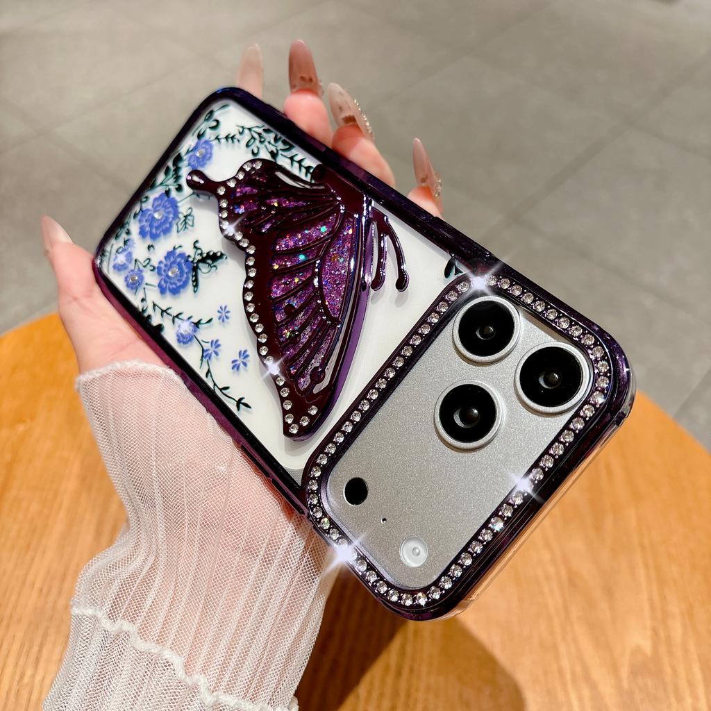 Glitter Diamond Flower Butterfly Case for For Iphone 16 1 14 13 17 Pro Max Air Plus 12 Plating Bling Rhinestone Phone Cover