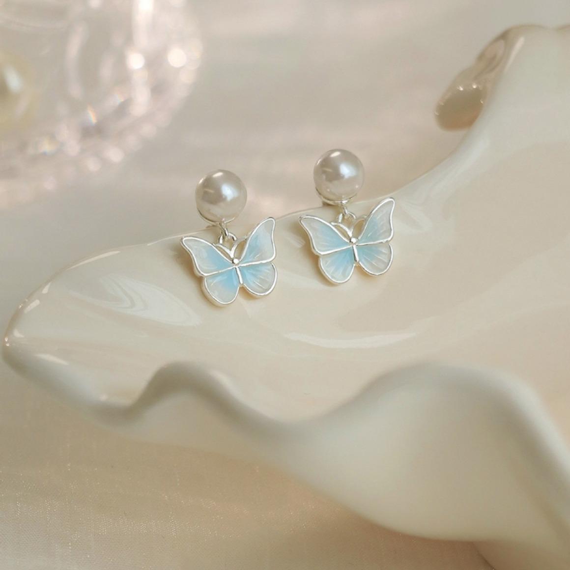 Elegant Summer Green Butterfly Pearl Sterling Silver Earrings