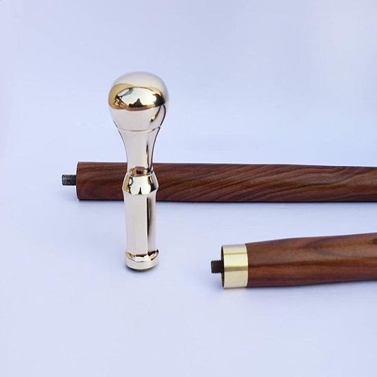 Designer Solid Brass Long Head Handle Walking Stick – Red Wooden Two-Fold Shaft Cane, 90 CM, Best for Gift