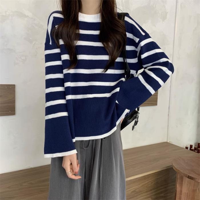 Designed Retro Striped Long-sleeved Sweater for Women In Spring and Autumn New Style Sweater Niche Loose Slimming Top for Women