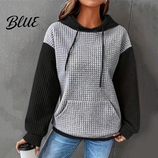 Drawstring Hooded Sweatshirt Fall Winter Women Hoodie Color Matching Waffle Texture Long Sport Top Sleeveless Big