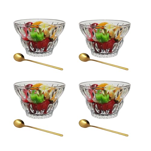 Nishida Small Bowl & Spoon Set of 4, Stylish Ceramic Small Plates, Glass Bowls, Clear Glassware, Cute Tableware, Desserts, Shaved Ice, Deep Plates, Ki