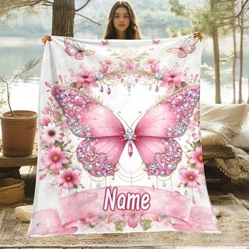 Personalized Custom Name/text Pink Butterfly Design with Flowers and Hearts Blanket, Soft and Warm Printed Blanket, an Ideal Cho