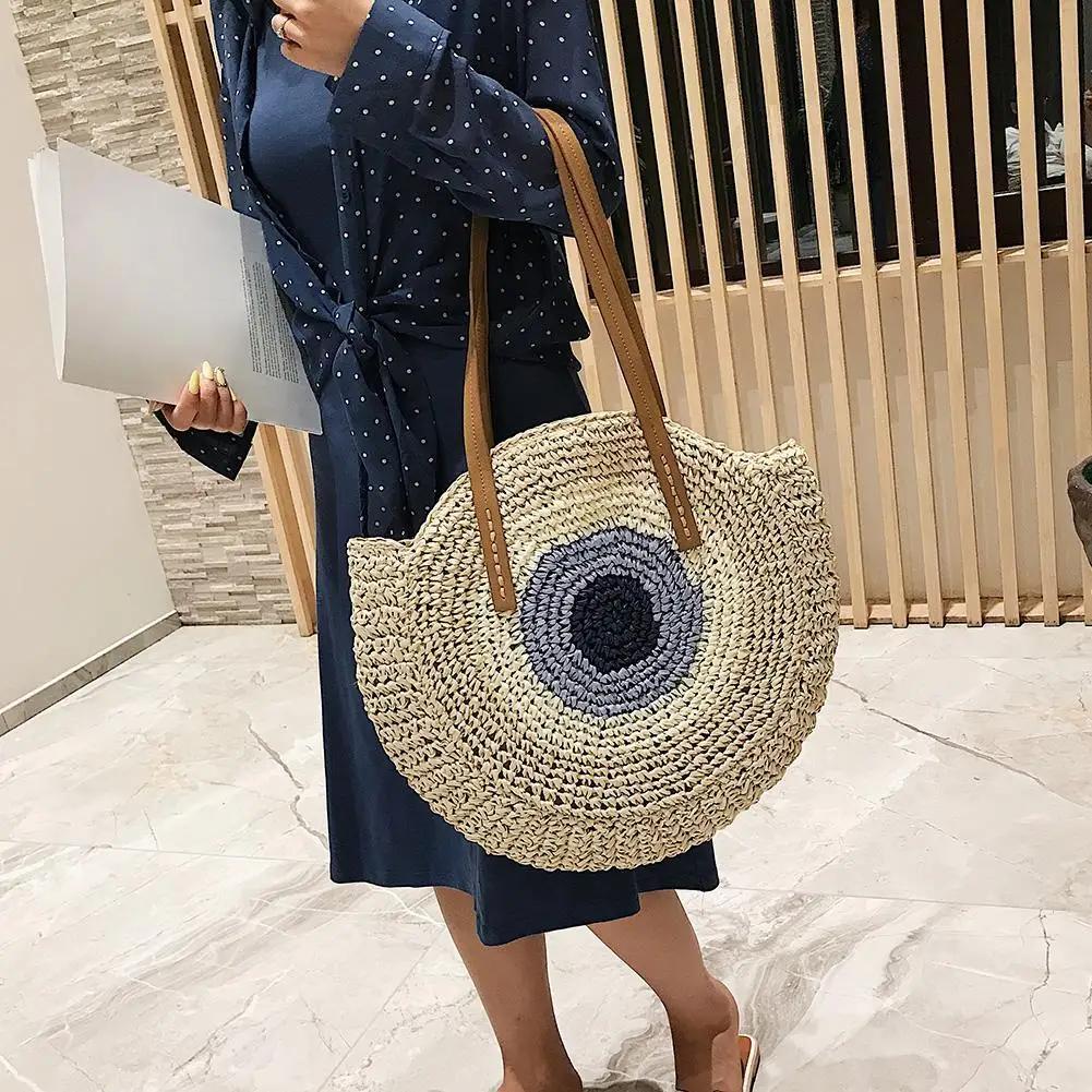 Women Fashion Woven Handbag Round Straw Woven Tote Bag Vacation Shoulder Bag Large Capacity Ethnic Style for Travel Vacation