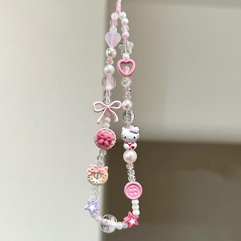 

Розовая цепочка для телефона Hello Kitty, брелок из бусин, милая цепочка на запястье против потери, браслет, шарм для чехла для наушников, декор для сумки