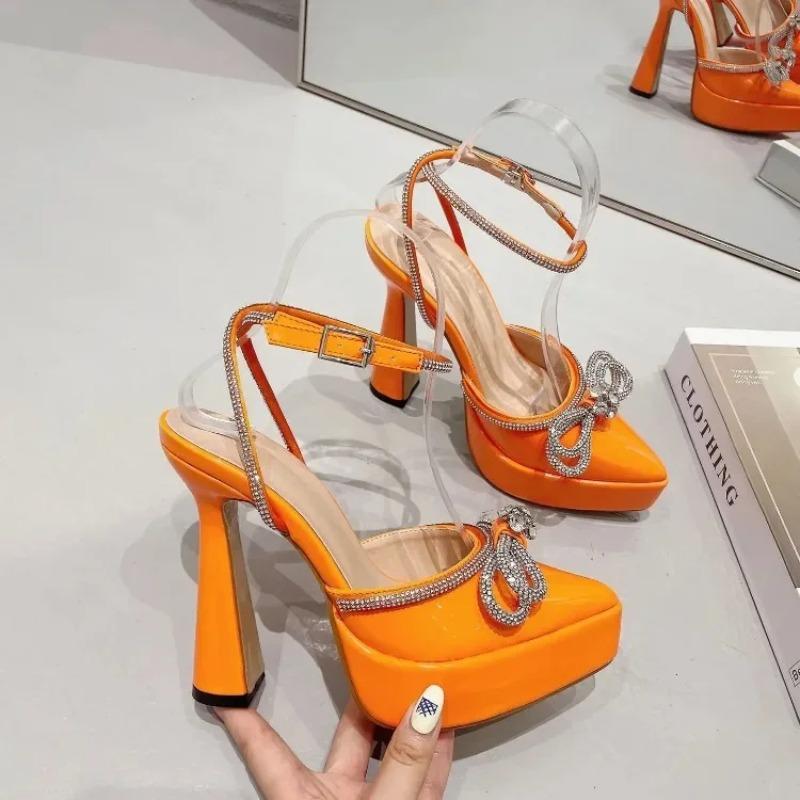 Fashion Brand Love Rhinestone/Flower Strap Sandals Model Show Bow Tie High Heels Thick Heel Waterproof Platform Size 35-43 Women's Shoes