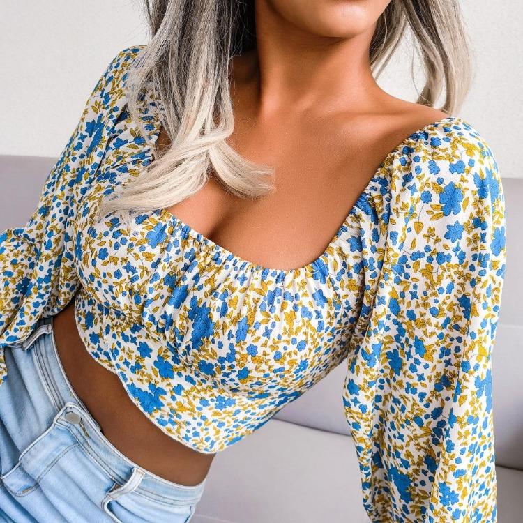 Spring Summer Floral Chiffon Crop Blouse Square Neck Lantern Sleeve Bow Resort Top S-XL