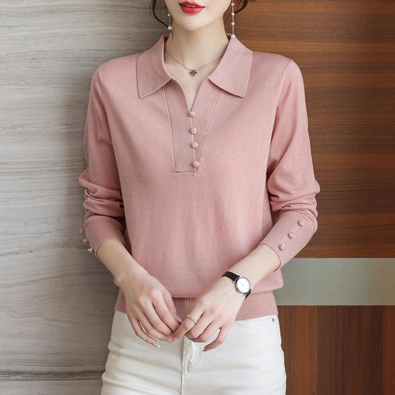 Lapel Knitted Bottoming Shirt Spring and Autumn Long-sleeved Top Mother Autumn Clothes New Women's Clothing Early Autumn Thin Sweater