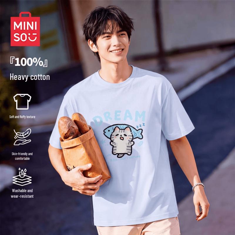 MINISO Men s Cartoon Cat Print Loose Fit Cotton T-Shirt 3XL