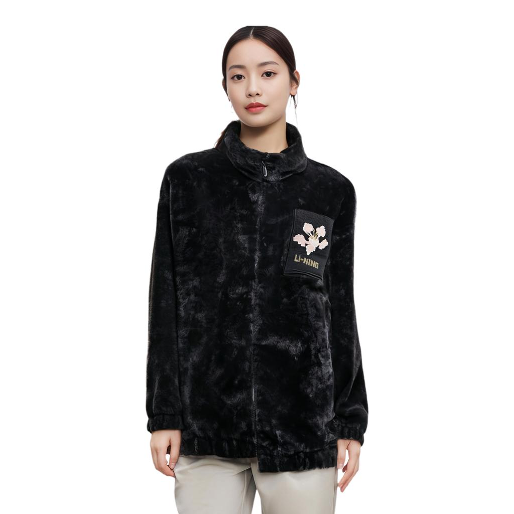 Li-Ning Embroidered Pattern Stand Collar Loose Faux Fur Short Jacket Women Jackets Black AJDT544-4