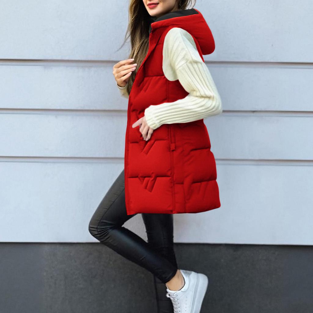 Women's Long Vest Plain Sleeveless Hood Winter Vest Outwear Jacket Lightweight Warm Coat Outerwear