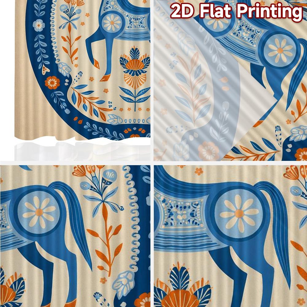2D FLAT PRINTING 2pcs Curtains (Without Rod) Folk Art Blue Horse Modern Fashionable Curtains Semi-Sheer Curtains Eid Decorations