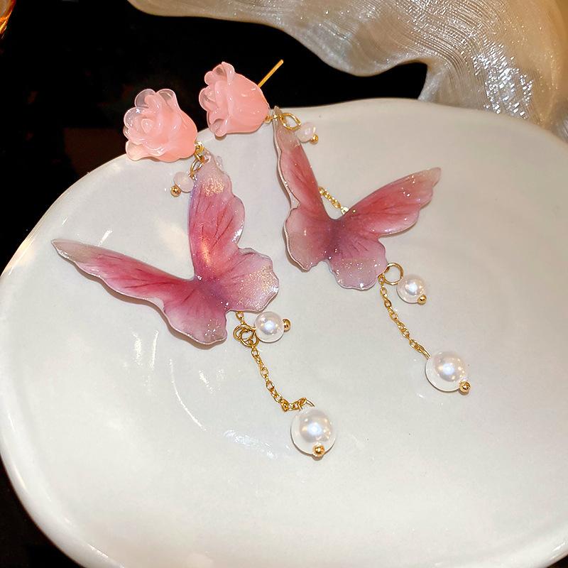 Pink resin flower butterfly pearl fringed earrings fashion stud earrings light luxury high temperament earrings women