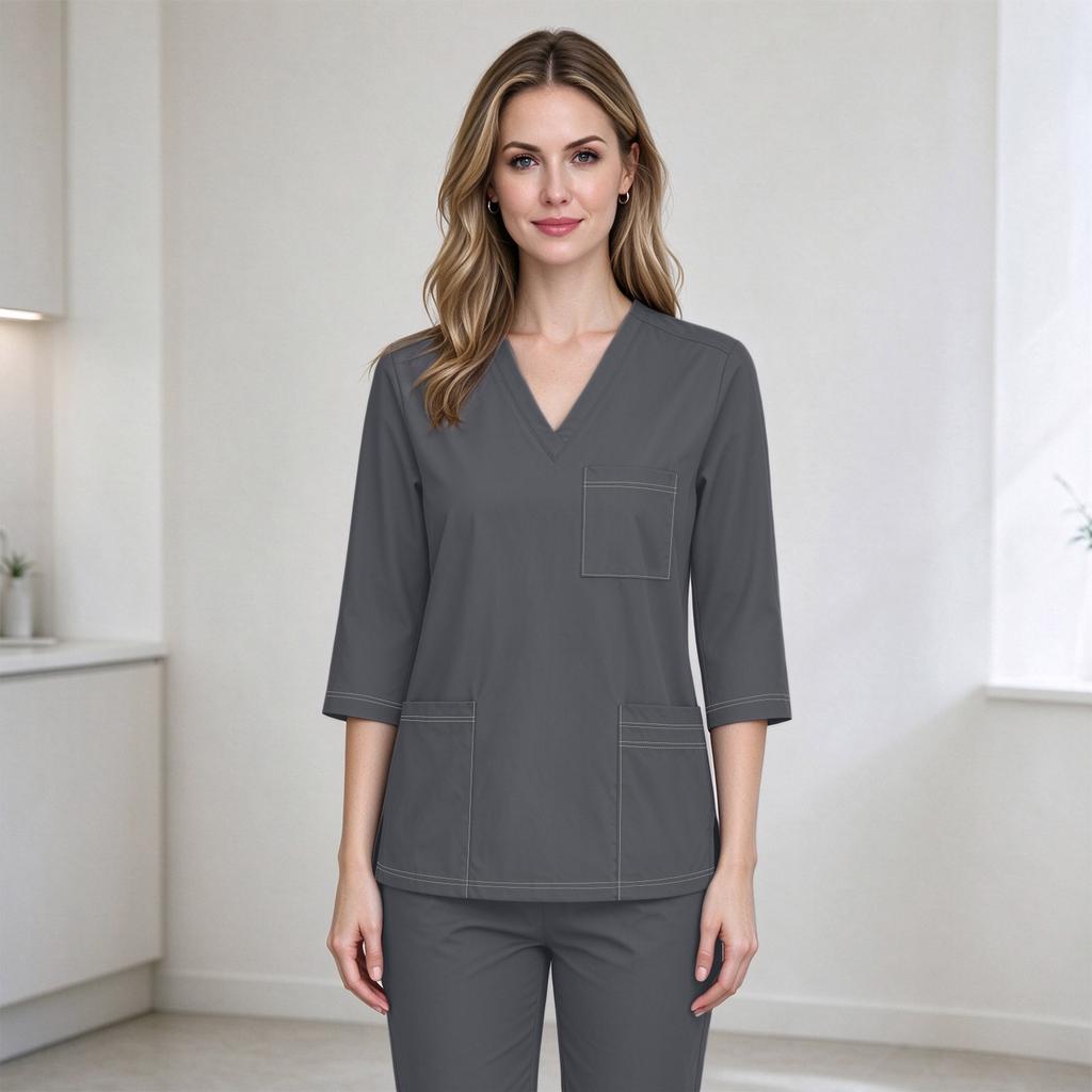 Top da lavoro da donna con scollo a V, tasche, spacchi laterali, manica corta, uniforme