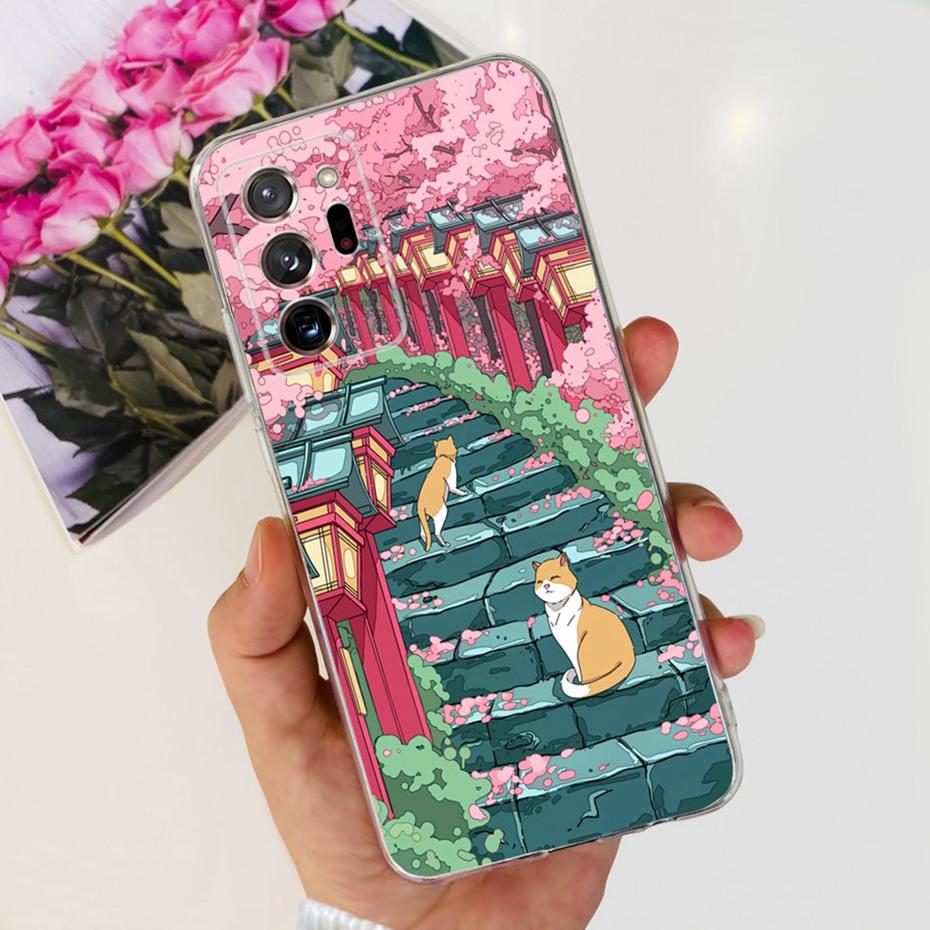 Case For Samsung Galaxy Note 20 Ultra 5G Note20 Cute Flower Cat Painted Soft Silicone TPU Cover For Samsung Note 20 20Ultra