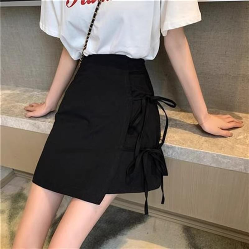 

**Women s Black Tie-Up A-Line High-Waisted Skirt - Petite Irregular Short Skirt for Spring/Summer 2024 Fashion** XS [70-80 lbs]