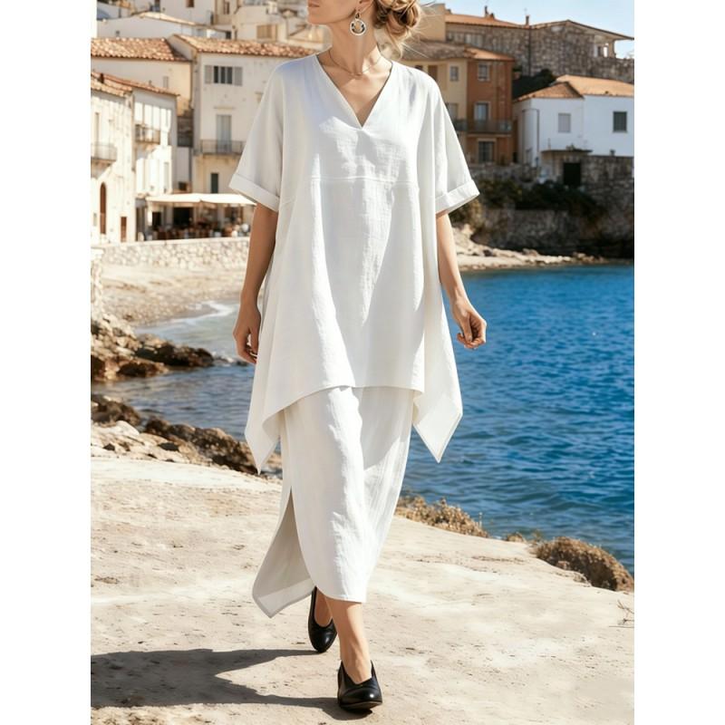 2026 Womens Cotton Blend Casual V-Neck Short Sleeve Maxi Skirt Set In Solid Colors