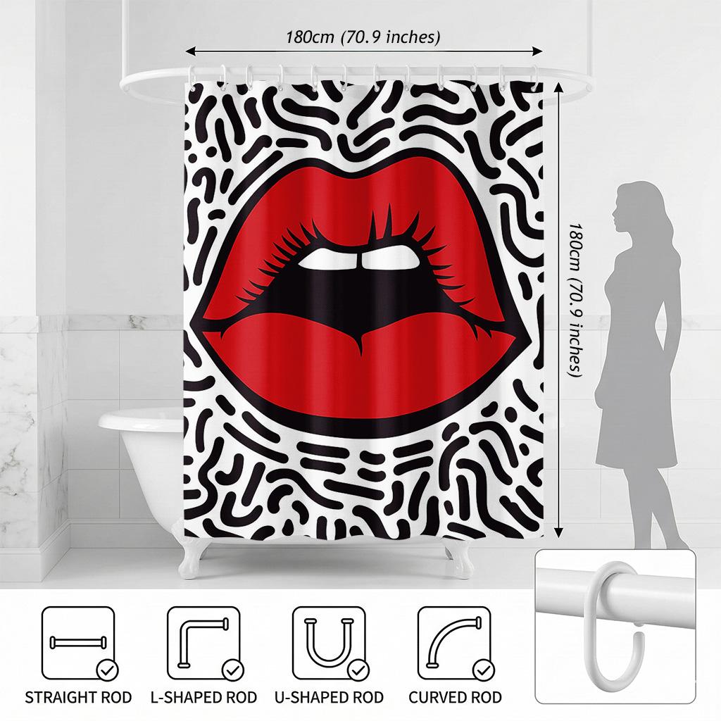 Pop Art Red Lips Shower Curtain, Retro 80S 90S Memphis Style Black & White Squiggle Pattern, Sexy Bathroom Decor Accessory