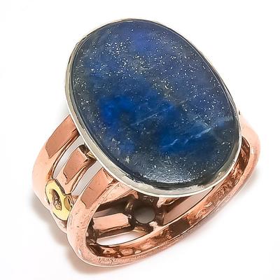 Natural Lapis Lazuli Gemstone Two Tone 925 Sterling Silver Gift Ring S.8.5 V1Y73