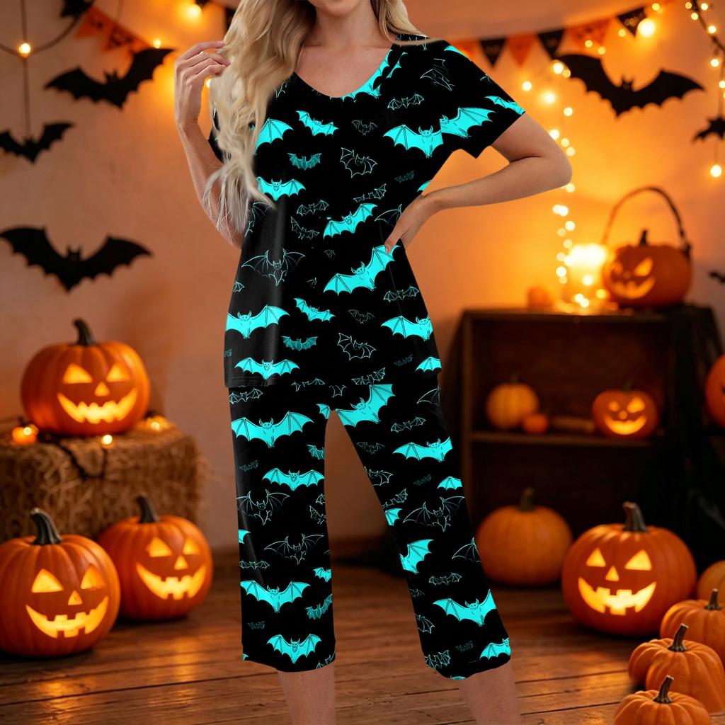 Women Halloween Two Piece Set Short Sleeve Top and Capri Pants Lounge Wear Pumpkin Print Casual Sleepwear Set