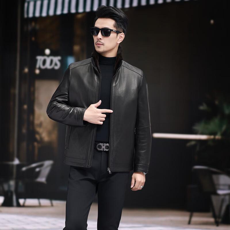 KAISER Men's Goatskin Leather Jacket with Mink Fur Collar