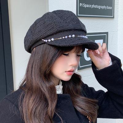 Jesienno-zimowy kapelusz damski mały pachnący wiatr perłowy łańcuszek ośmiokątny kapelusz lekki luksusowy elegancki mała twarz kaszkiet chłopięcy fala