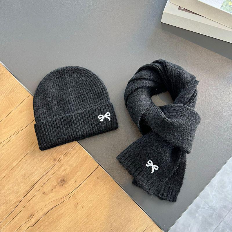 Autumn Winter Cute Bow Embroidered Knitted Cap And Scarf 2-Piece Set For Children