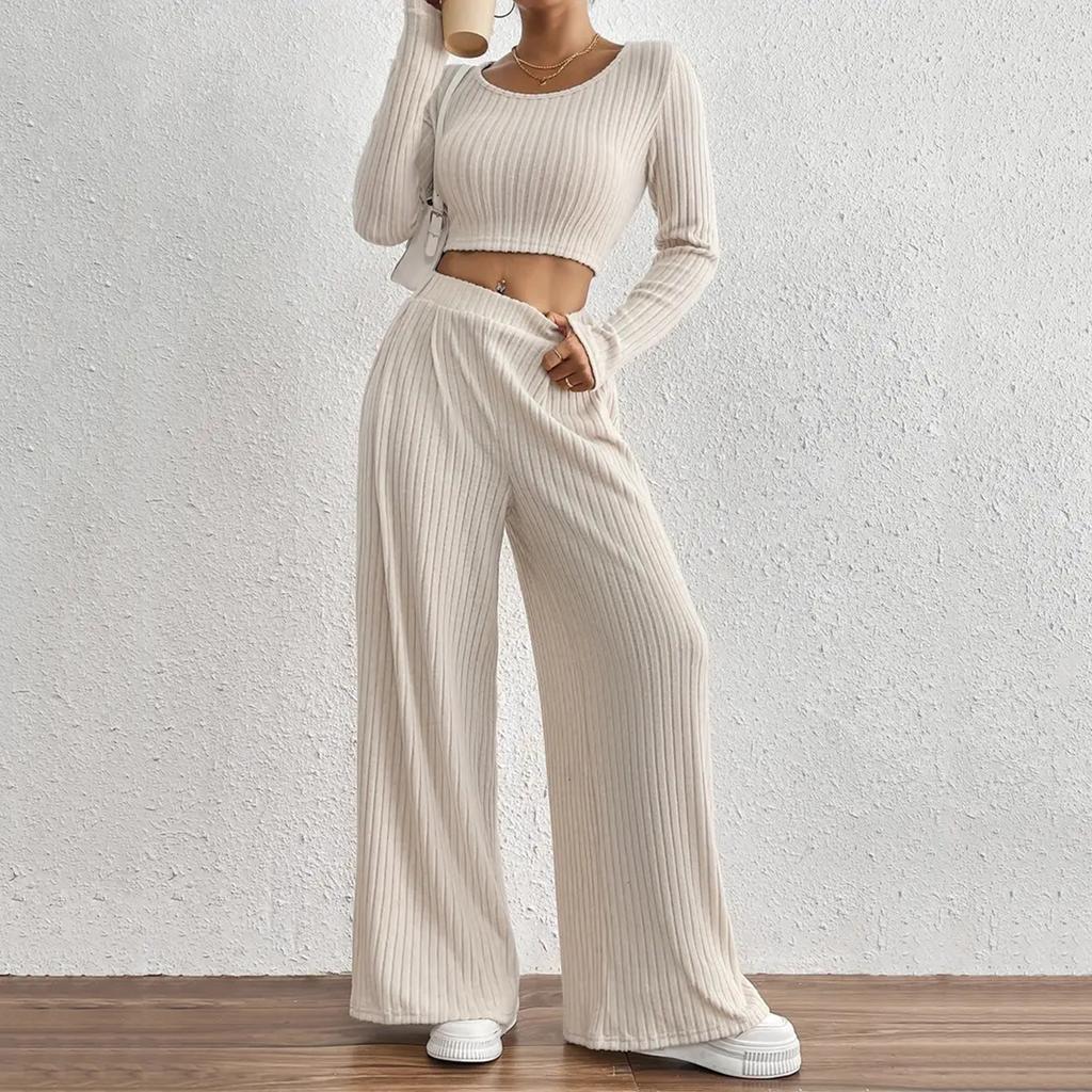 Women's Color Rib Knitted Trousers Mid-Waist Slimming Long-Sleeved Casual Suit