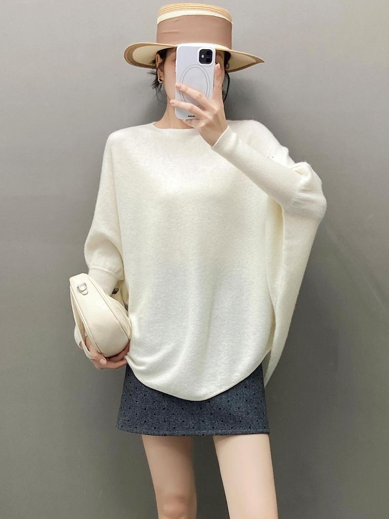 Women's European-Style Loose One-Shoulder Cashmere Sweater - Soft, Versatile Batwing Knit Pullover for Autumn/Winter