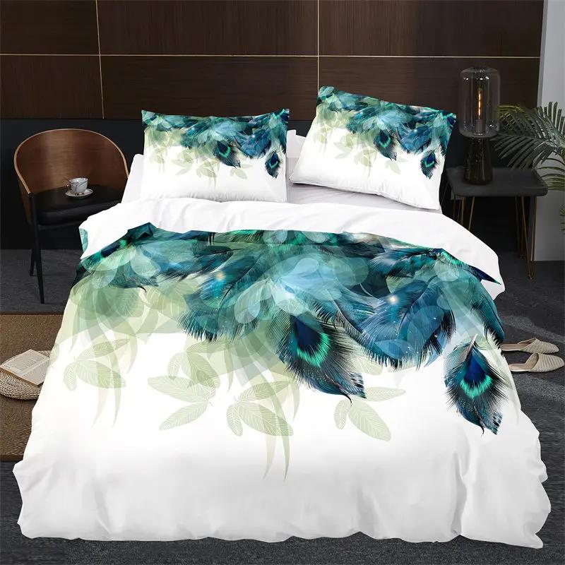 Peacock Feather Bedding Set Peacock Duvet Cover Set Single Double King For Adult Women Microfiber Comforter Cover Bedroom Decor