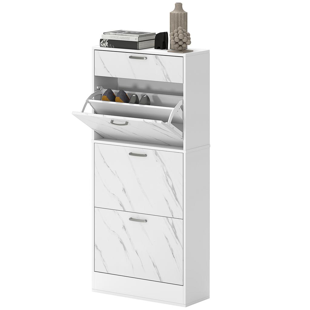 Marble Shoe Storage Cabinet with 3 Flip Drawers, Hallway Cabinet with Top Drawer and Adjustable Shelves, Shoe Cupboard for 18 Pairs, White