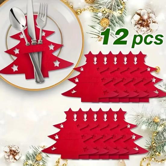 12Pcs Christmas Cutlery Set Christmas Tree Design Felt Washable Reusable Felt Knife Fork Cutlery Bag Holiday Table Decoration