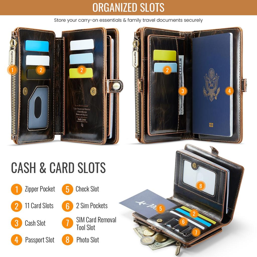 XIMAND Passport Holder Wallet Bag with 11 Card Slots and Passport Photo RFID Blocking Wristlet Brown Pocket, Pocket, Strap,