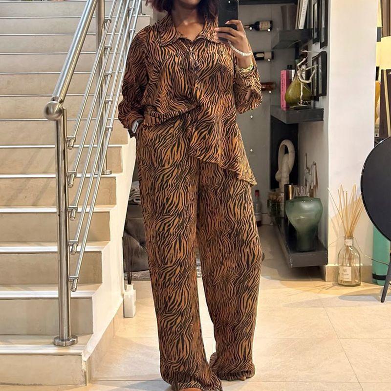 Western Style Fashion Casual Loose Print Zebra Print Shirts Trousers Set Shirt and Pants Set