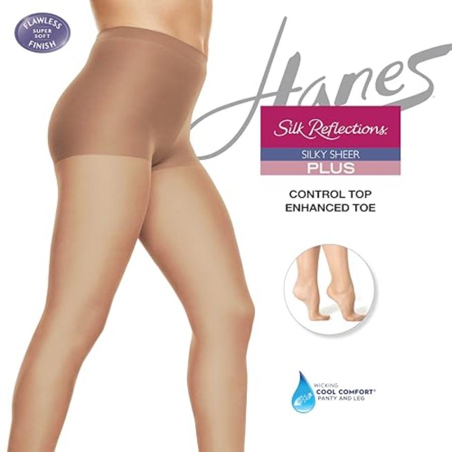 Hanes Silk Reflections Plus Size Women'S Silky Sheer Tights Control Top, Enhanced Toe, Wicking Cool Comfort 20 Denier