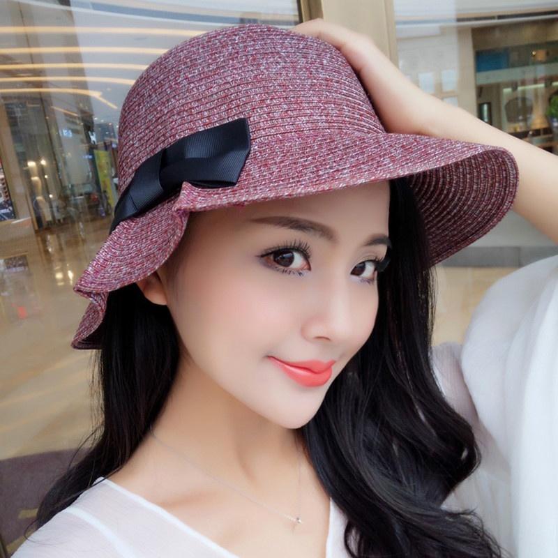 Women Summer Folding Wide Large Brim Shape Beach Sunscreen Cap Cute Big Bow Solid Straw Outdoor Hats Sun Hat